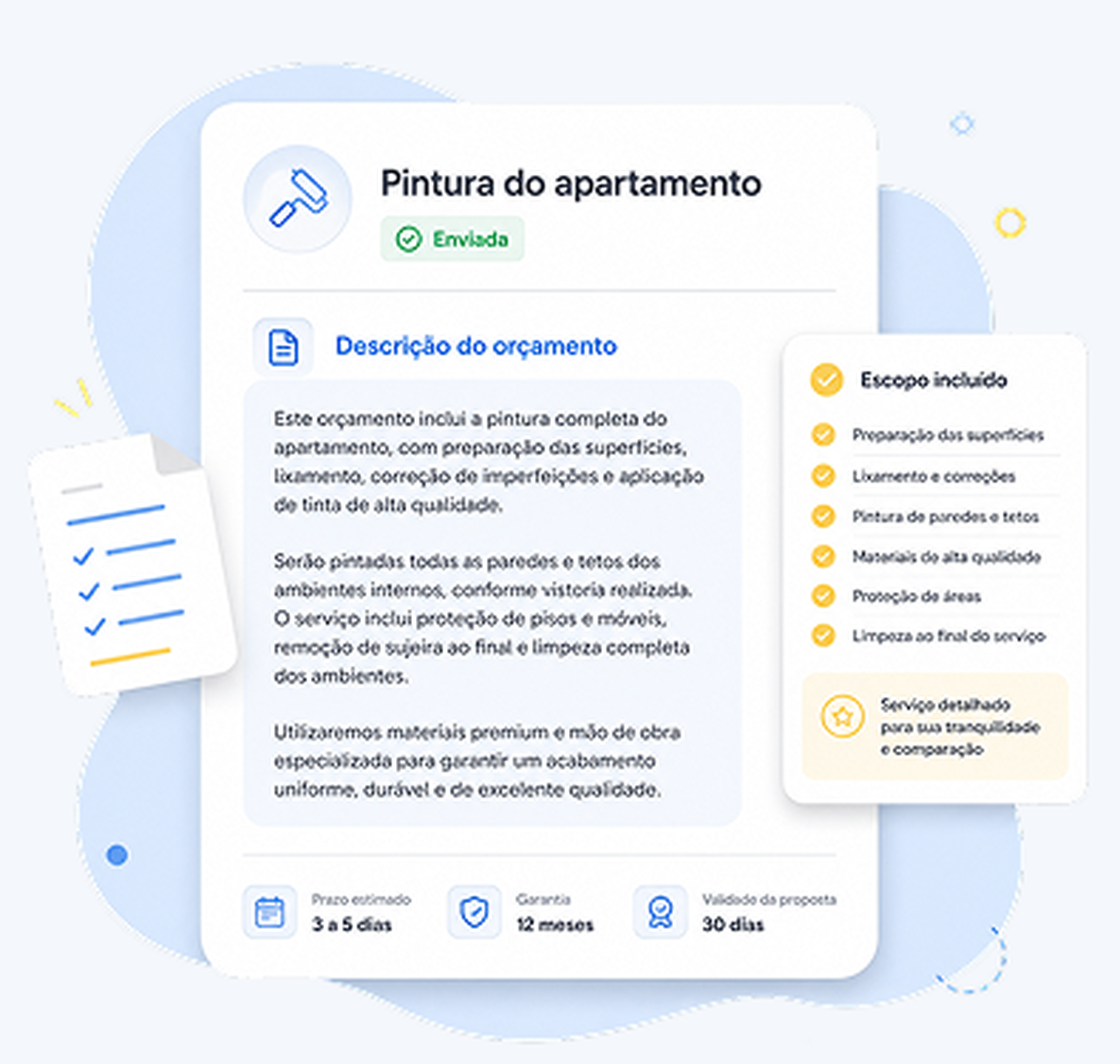 Proposta de pintura do apartamento com descrição do orçamento, escopo incluído, prazo, garantia e validade