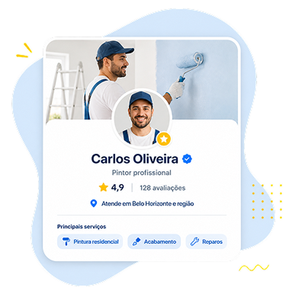 Perfil comercial de Carlos Oliveira, pintor profissional, com avaliação 4,9 e serviços em destaque