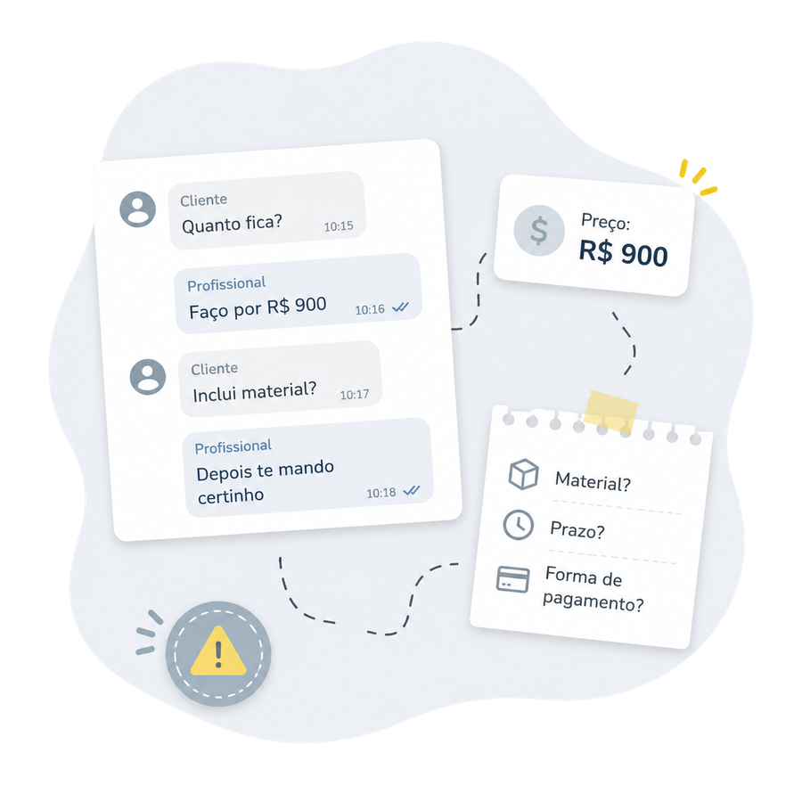Conversas soltas sobre preço, material, prazo e forma de pagamento
